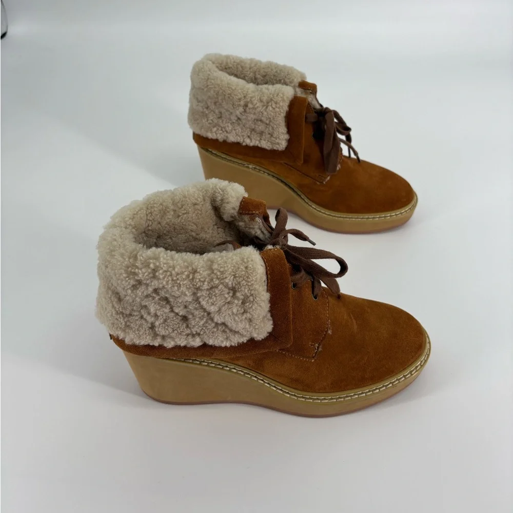 See By Chloe Shearling-Trimmed Suede Wedge Ankle Boots